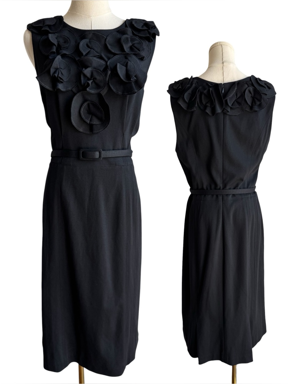 Badgley Mischka Black Sheath Dress Sz 8 Rosette Appliqué Belted 3D Floral Artsy